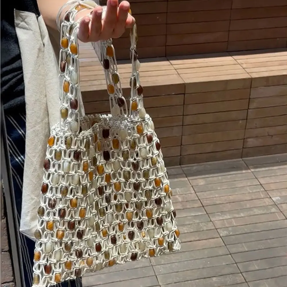 Hollow Crochet Shoulder Bag Luxury Beads Woven Tote Bags for Women Rope Knitting Handbags Shopper Purses Beach Designer Bag NEW