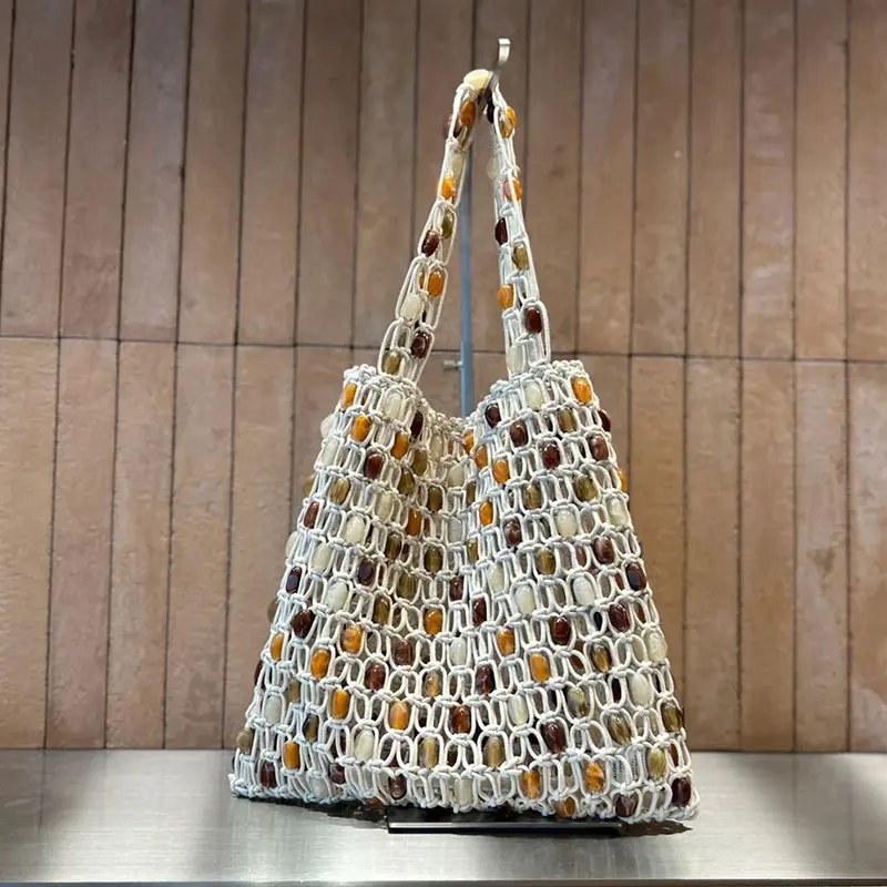 Hollow Crochet Shoulder Bag Luxury Beads Woven Tote Bags for Women Rope Knitting Handbags Shopper Purses Beach Designer Bag NEW