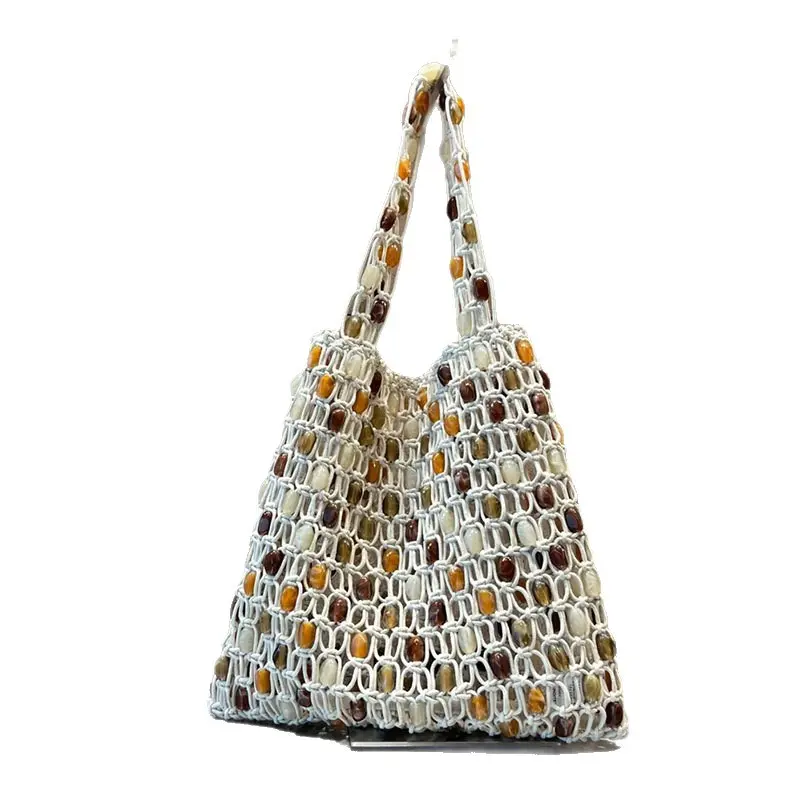 Hollow Crochet Shoulder Bag Luxury Beads Woven Tote Bags for Women Rope Knitting Handbags Shopper Purses Beach Designer Bag NEW