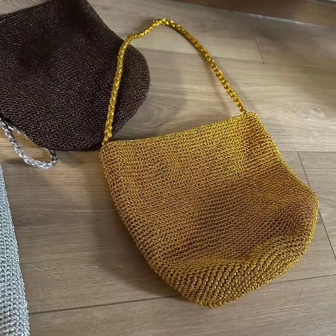 Luxury Silver Bucket Bags for Women Hollow Woven Shoulder Bag Fashion Knitting Designer Bags Women Handbags NEW Shopper Purses