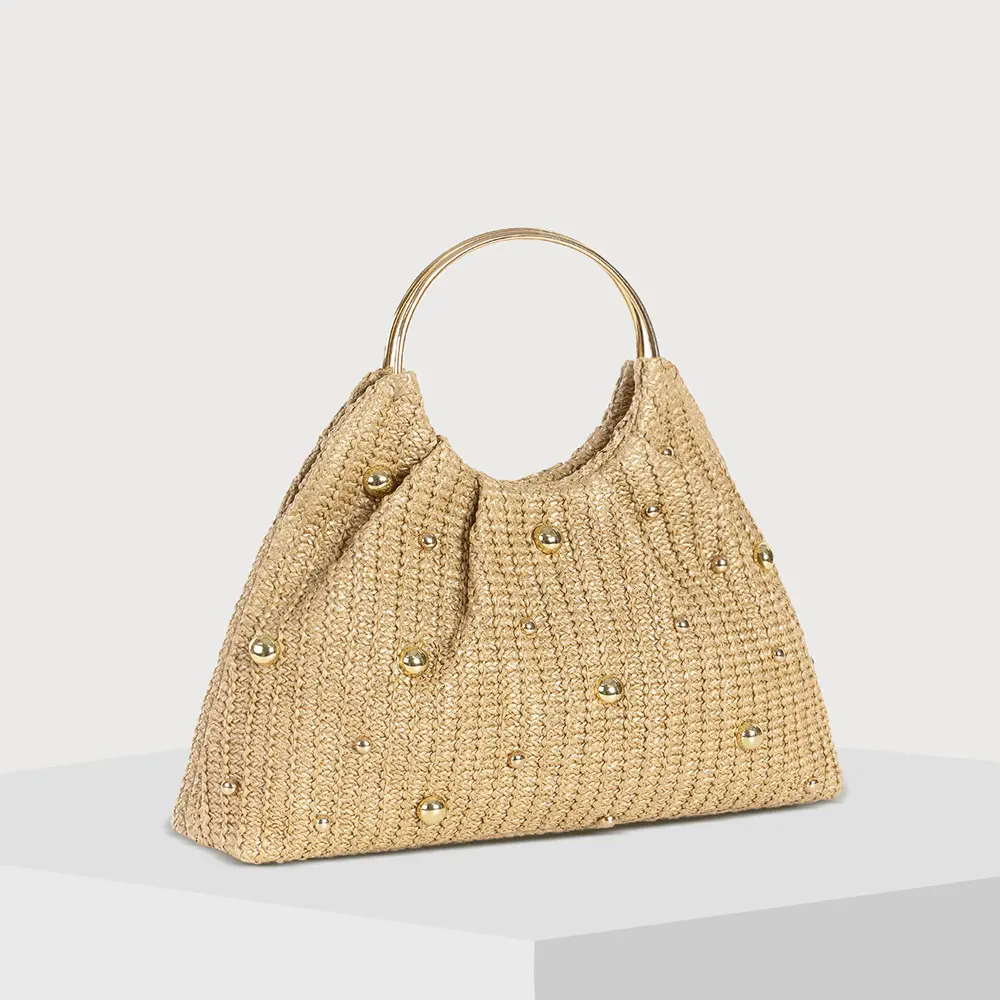 Luxury Rivet Beach Bags for Women Handbag Metallic Round Handle Straw Bag Summer Travel Clutch Women's Bag Crochet Woven Bags