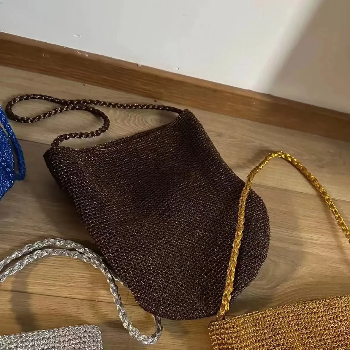 Luxury Silver Bucket Bags for Women Hollow Woven Shoulder Bag Fashion Knitting Designer Bags Women Handbags NEW Shopper Purses