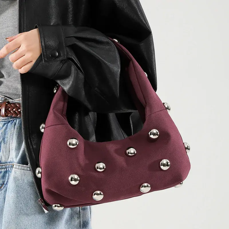 Fashion Big Rivet Women's Handbag Faux Suede Shoulder Bag Half Moon Frosted Hobos Underarm Bags for Women 2025 Clutch Female New
