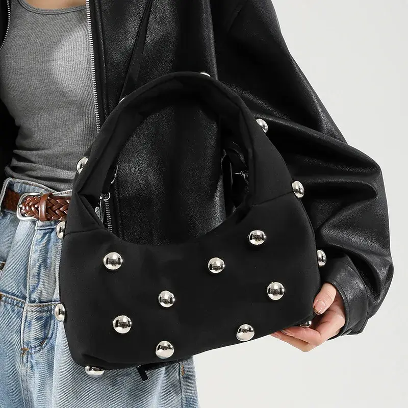 Fashion Big Rivet Women's Handbag Faux Suede Shoulder Bag Half Moon Frosted Hobos Underarm Bags for Women 2025 Clutch Female New