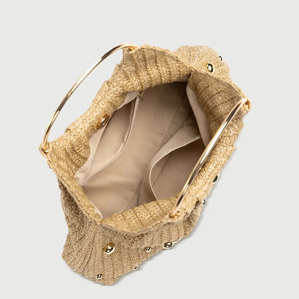 Luxury Rivet Beach Bags for Women Handbag Metallic Round Handle Straw Bag Summer Travel Clutch Women's Bag Crochet Woven Bags