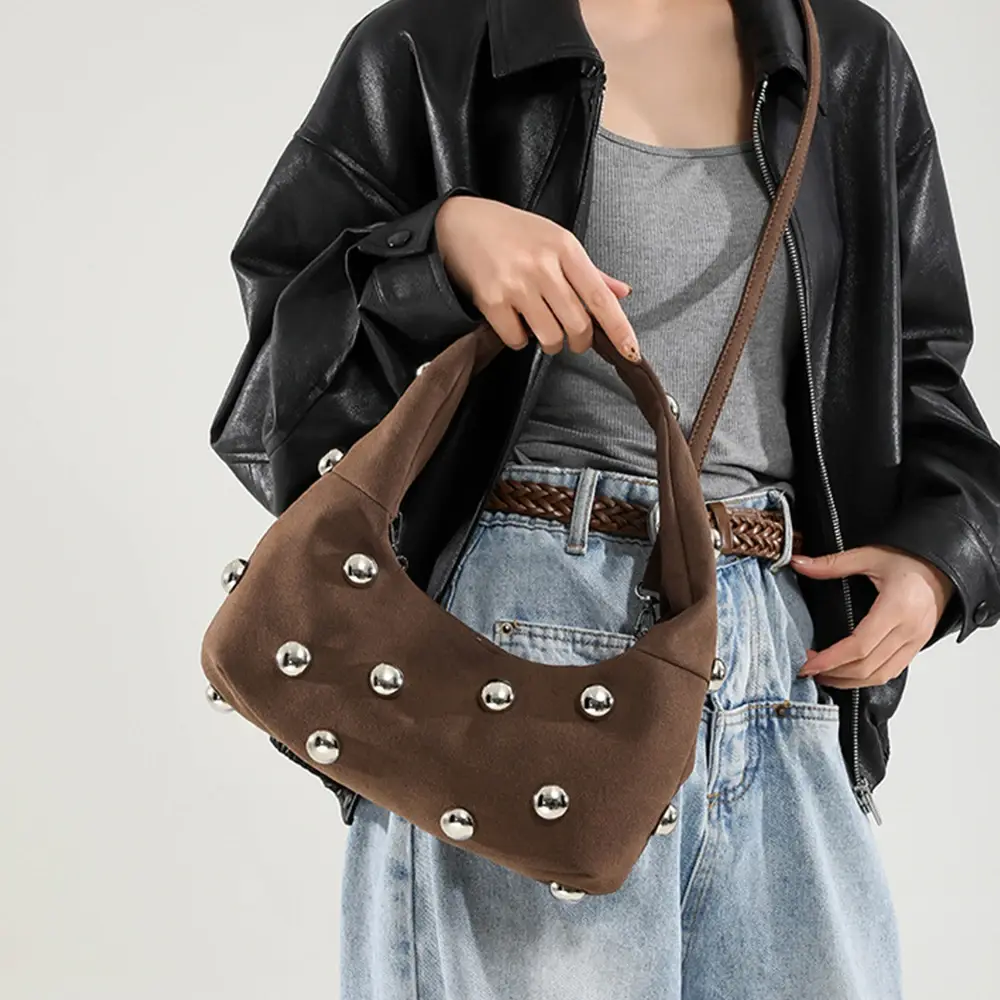 Fashion Big Rivet Women's Handbag Faux Suede Shoulder Bag Half Moon Frosted Hobos Underarm Bags for Women 2025 Clutch Female New