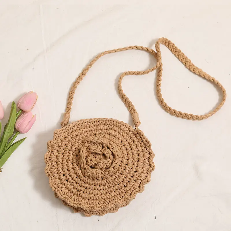 Crochet Rose Women Shoulder Bag Cotton Thread Knitting Purses and Handbags Flower Woven Crossbody Bag Travel Beach Bags 2025 NEW
