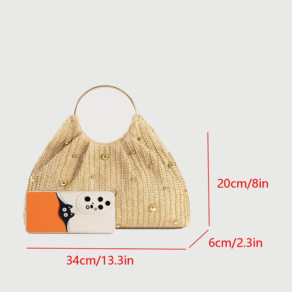 Luxury Rivet Beach Bags for Women Handbag Metallic Round Handle Straw Bag Summer Travel Clutch Women's Bag Crochet Woven Bags