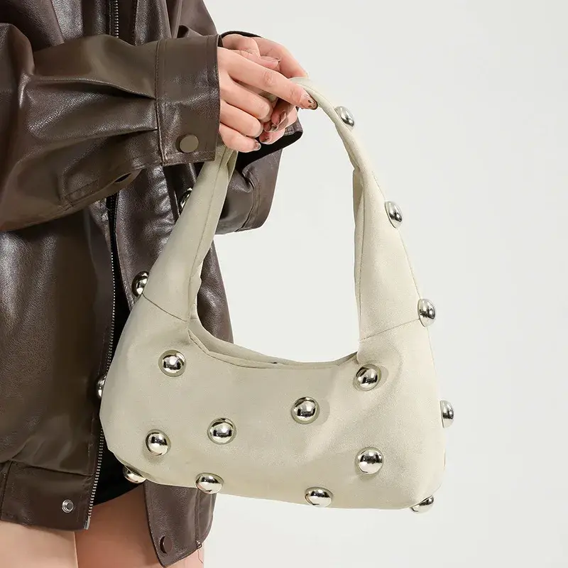 Fashion Big Rivet Women's Handbag Faux Suede Shoulder Bag Half Moon Frosted Hobos Underarm Bags for Women 2025 Clutch Female New