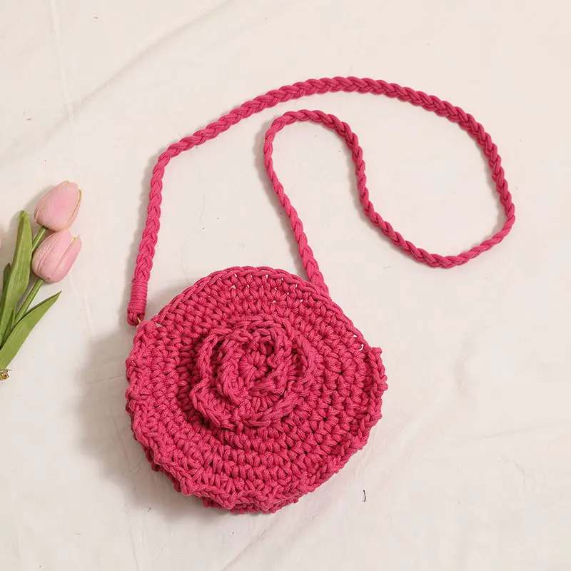 Crochet Rose Women Shoulder Bag Cotton Thread Knitting Purses and Handbags Flower Woven Crossbody Bag Travel Beach Bags 2025 NEW