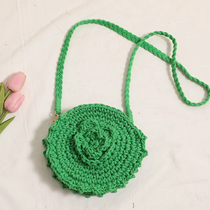 Crochet Rose Women Shoulder Bag Cotton Thread Knitting Purses and Handbags Flower Woven Crossbody Bag Travel Beach Bags 2025 NEW