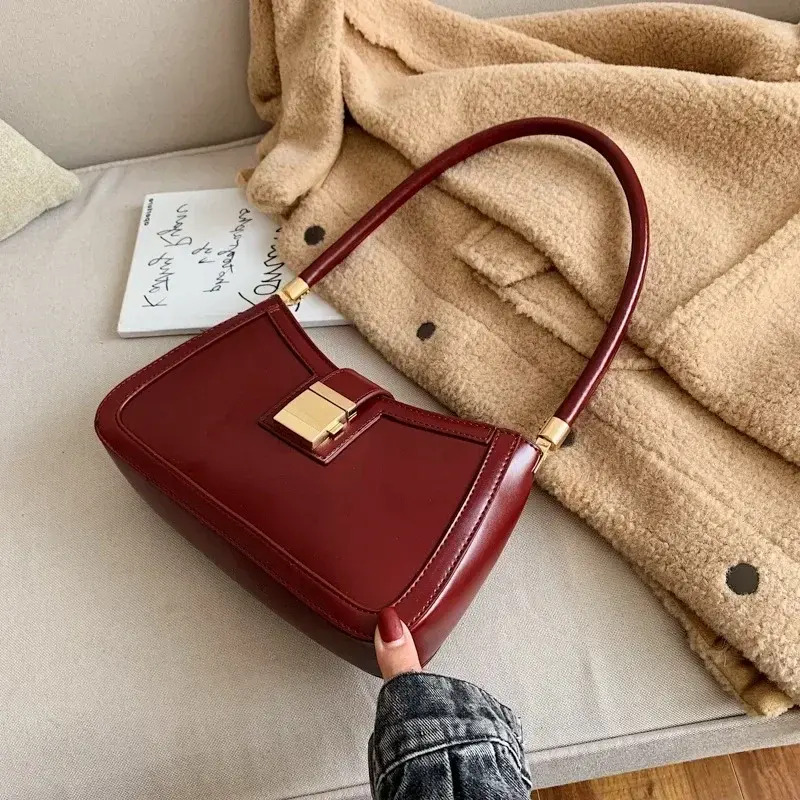 Shoulder Bags for Women Solid Color PU Leather 2025 Trend Lock Handbags Small Purse Hand Lady Designer Zipper Clutch Handbags