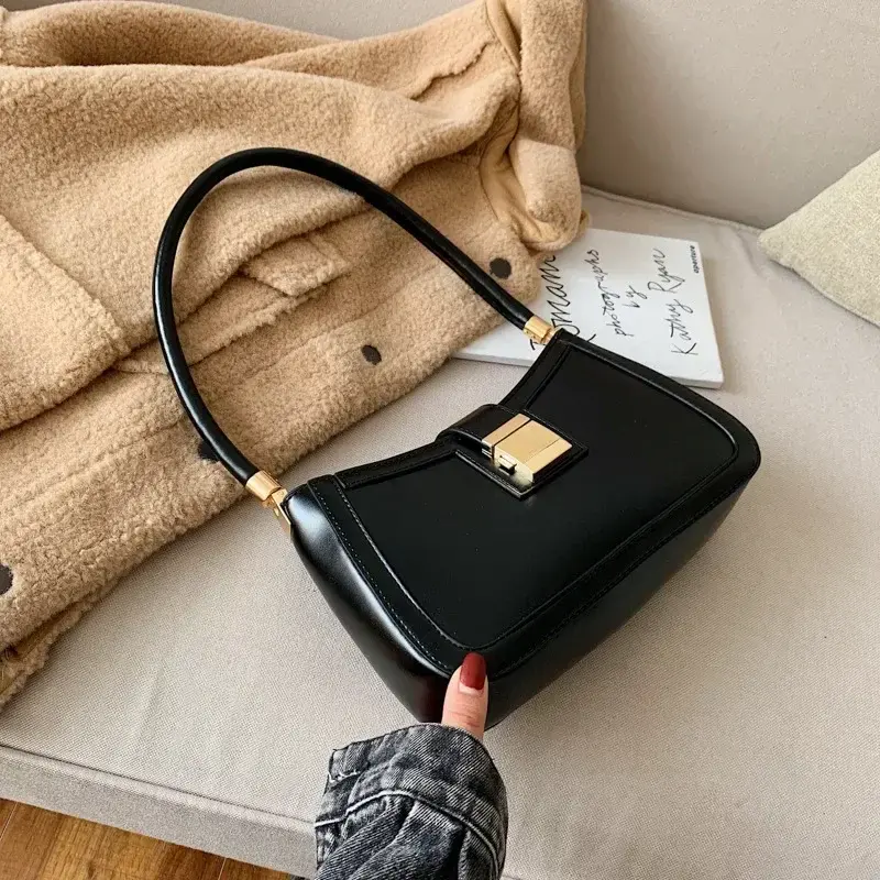 Shoulder Bags for Women Solid Color PU Leather 2025 Trend Lock Handbags Small Purse Hand Lady Designer Zipper Clutch Handbags