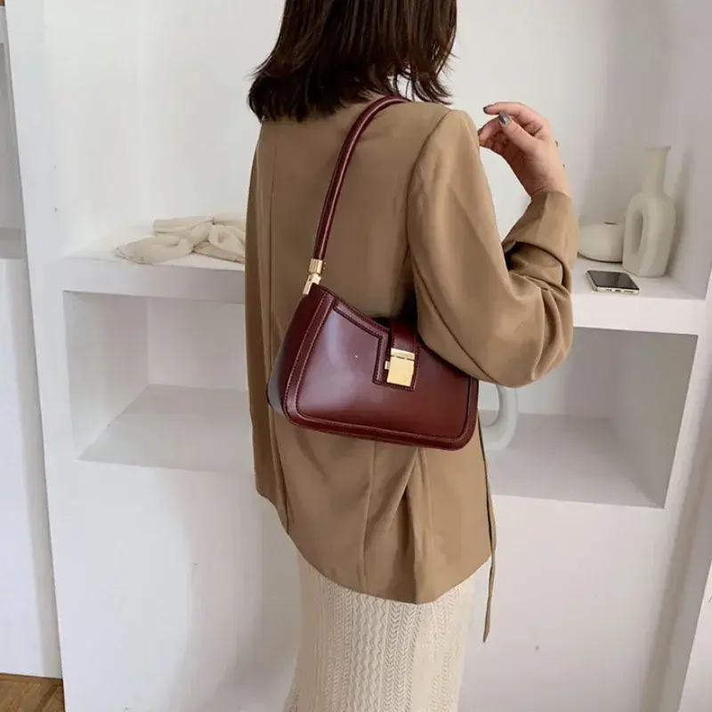 Shoulder Bags for Women Solid Color PU Leather 2025 Trend Lock Handbags Small Purse Hand Lady Designer Zipper Clutch Handbags