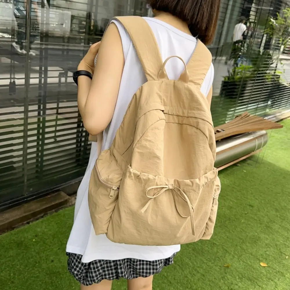 Lightweight Nylon School Bag Women's Japanese Style Student Backpack Solid Color Simple Bow Casual Travel Backpack Boys Girls