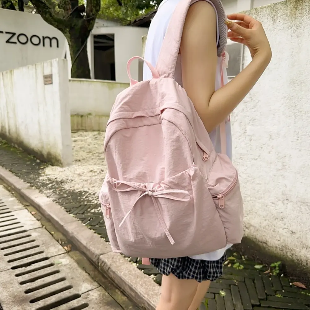 Lightweight Nylon School Bag Women's Japanese Style Student Backpack Solid Color Simple Bow Casual Travel Backpack Boys Girls