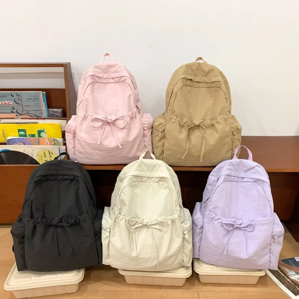 Lightweight Nylon School Bag Women's Japanese Style Student Backpack Solid Color Simple Bow Casual Travel Backpack Boys Girls