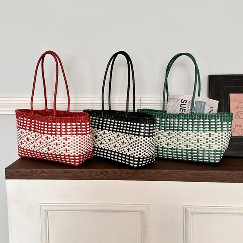 Summer Weave Tote Bags for Women PVC Vegetable Basket Handbag Waterproof PE Picnic Plastic Woven Shoulder Bag Beach Handbags