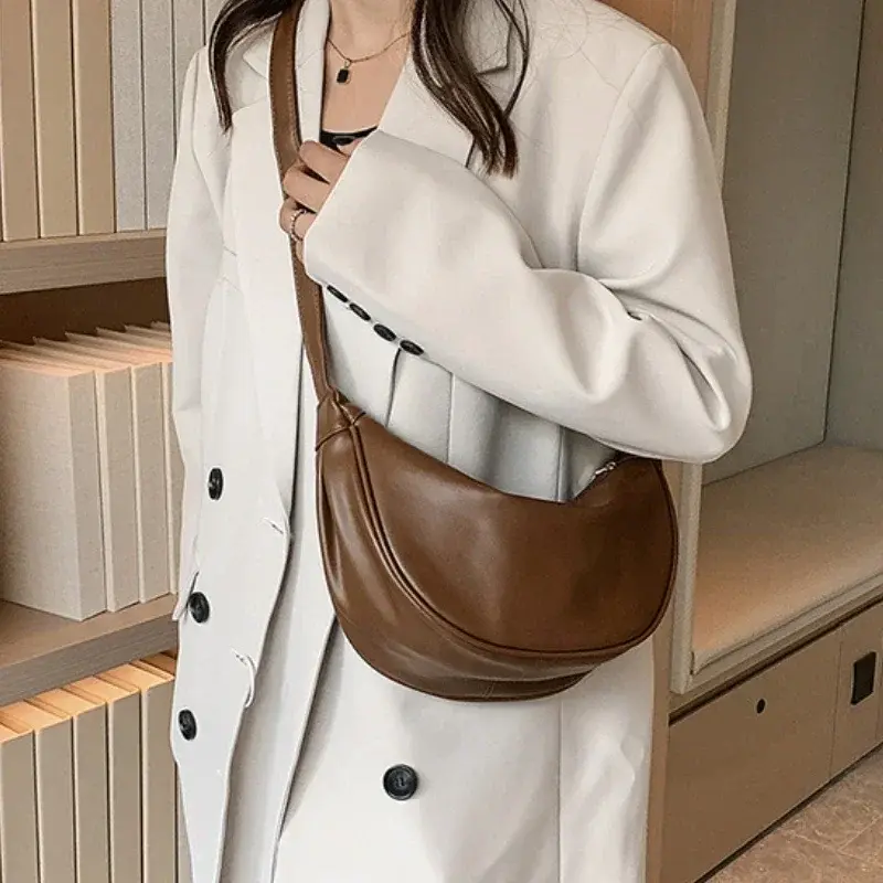 2025 New Fashion Women's Hobos Sac Soft Leather Shoulder Messenger Bags for Women Wide Female Half Moon Purse and Handbags Brand