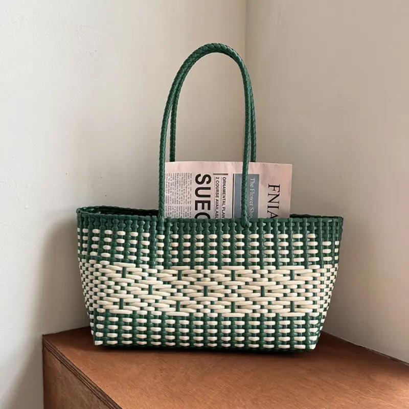 Summer Weave Tote Bags for Women PVC Vegetable Basket Handbag Waterproof PE Picnic Plastic Woven Shoulder Bag Beach Handbags