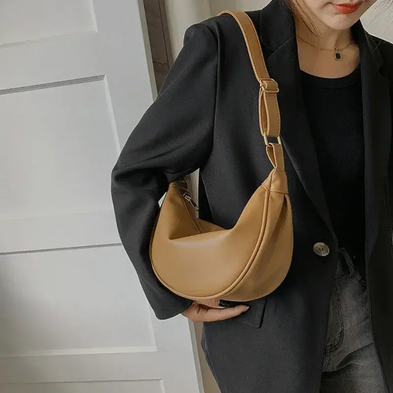 2025 New Fashion Women's Hobos Sac Soft Leather Shoulder Messenger Bags for Women Wide Female Half Moon Purse and Handbags Brand