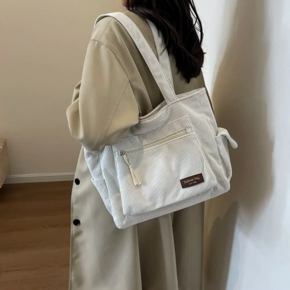 Large Capacity Corduroy Tote Bag Multi Pockets Lady Shoulder Bags Simple Corduroy Shopping Tote Bags Portable Commuter Handbag