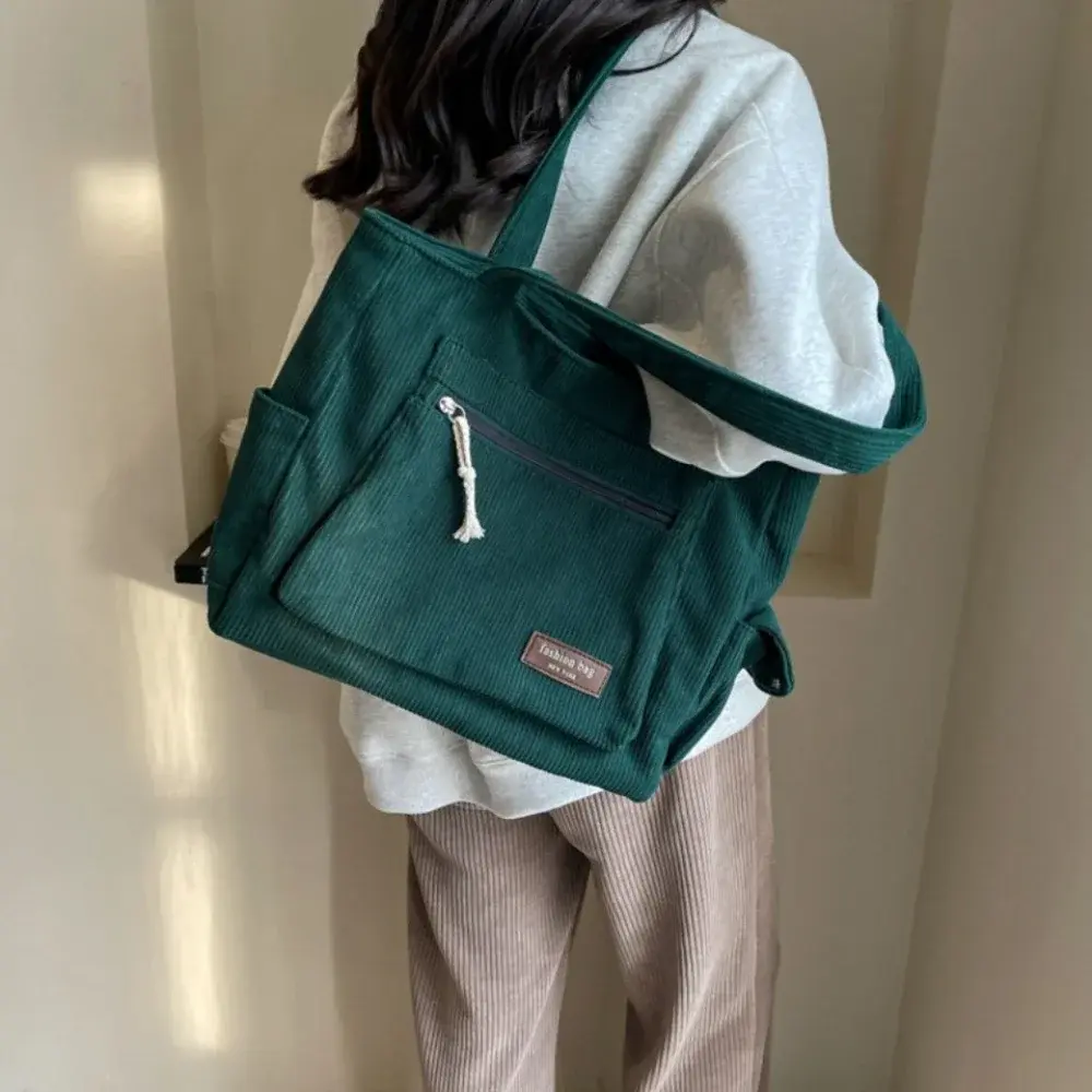 Large Capacity Corduroy Tote Bag Multi Pockets Lady Shoulder Bags Simple Corduroy Shopping Tote Bags Portable Commuter Handbag