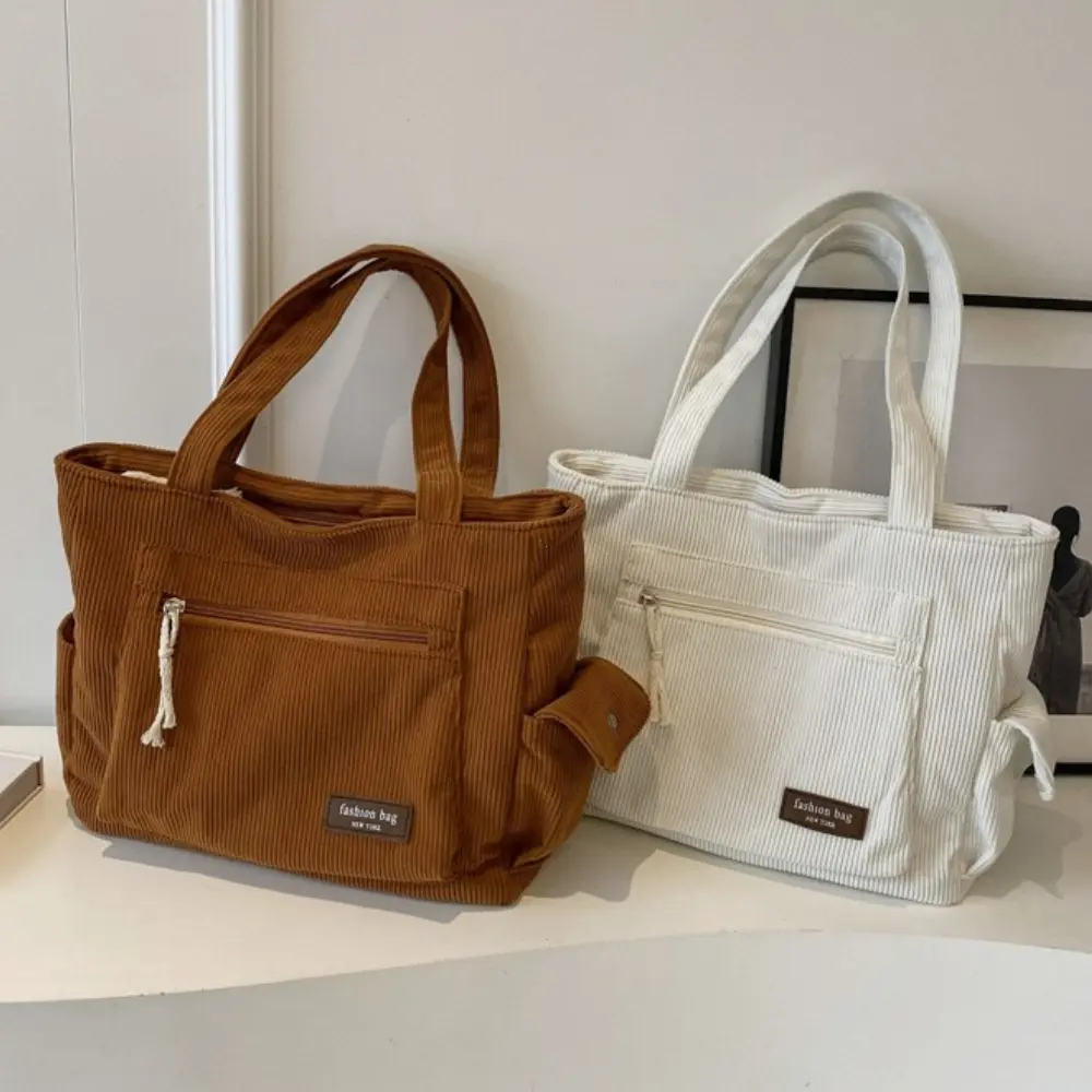 Large Capacity Corduroy Tote Bag Multi Pockets Lady Shoulder Bags Simple Corduroy Shopping Tote Bags Portable Commuter Handbag