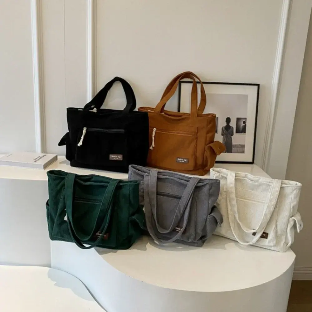 Large Capacity Corduroy Tote Bag Multi Pockets Lady Shoulder Bags Simple Corduroy Shopping Tote Bags Portable Commuter Handbag
