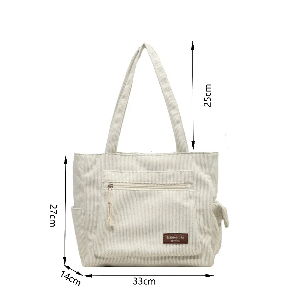 Large Capacity Corduroy Tote Bag Multi Pockets Lady Shoulder Bags Simple Corduroy Shopping Tote Bags Portable Commuter Handbag