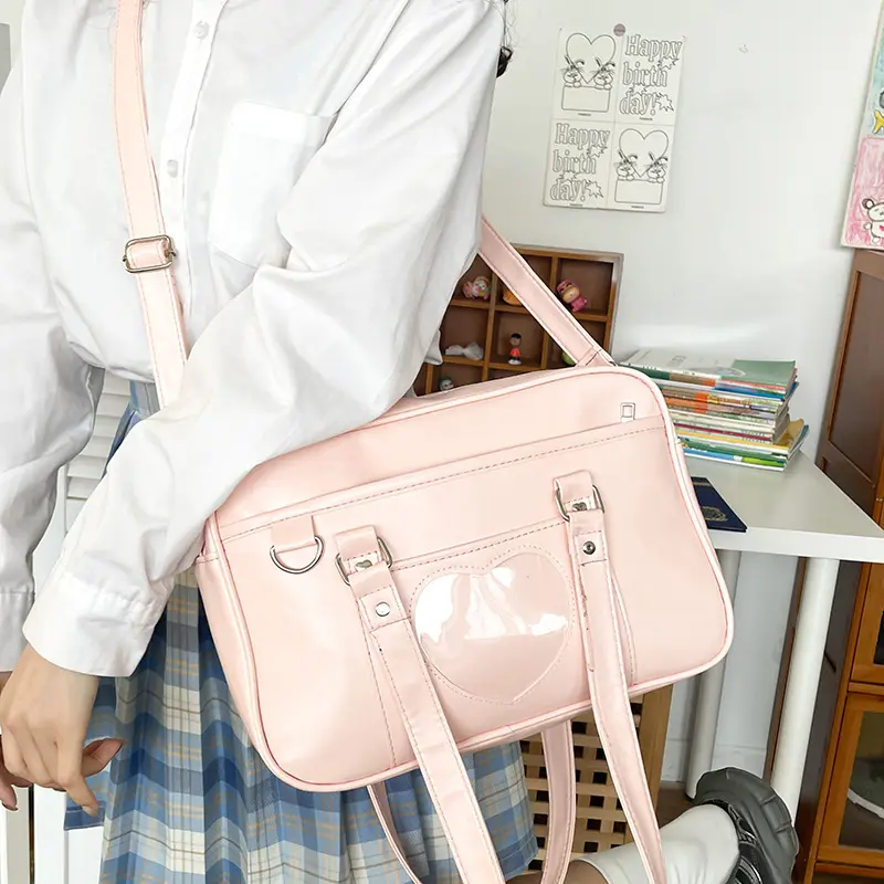 Women Jk School Handbag Large Capacity PU Anime Crossbody Bag Transparent Love Heart Shoulder Uniform Bag for Shopping Commuting