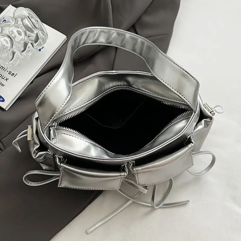 Double Pockets Design PU Leather Shoulder Bags For Women 2025 New Fashion Trend Crossbody Bag Females Silver Handbags