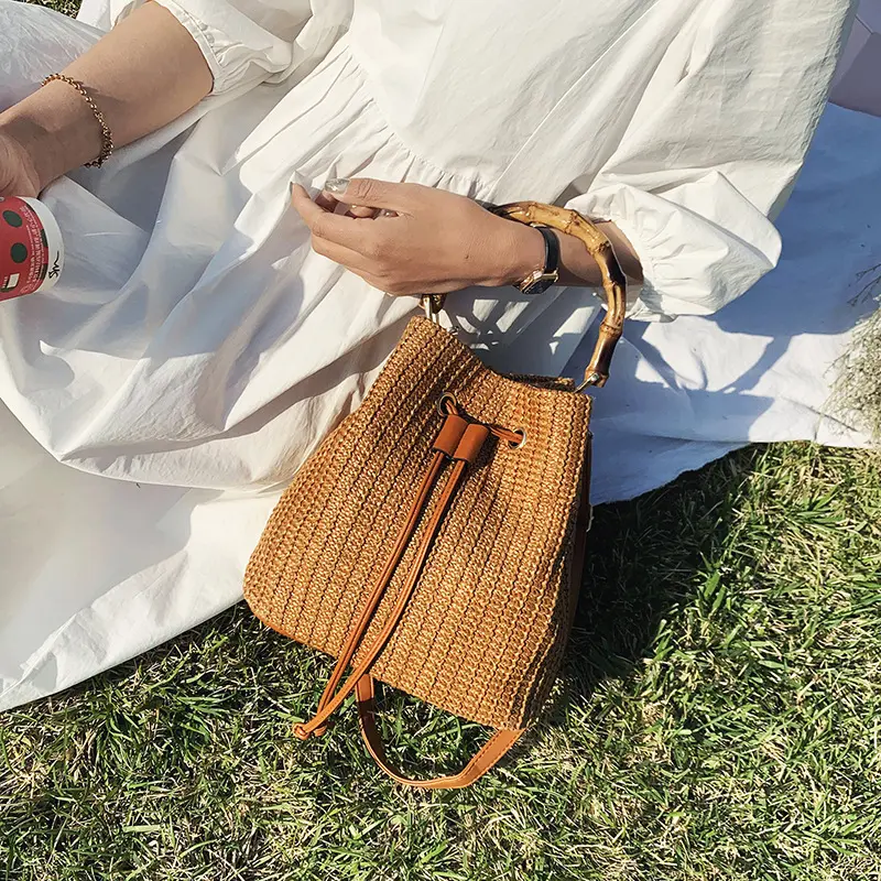 Bohemian Ladies Fashion Summer Straw Crossbody Bag Women Beach Holiday Shopping Woven Shoulder Handbag Messenger Bucket Bags