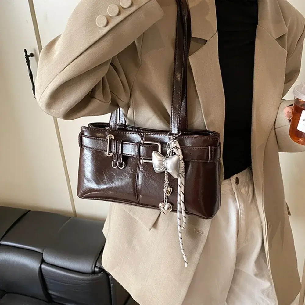 Solid Color PU Leather Underarm Bags for Women Fashion Belt Buckle Design Shoulder Bag 2025 New Y2K Ladies Handbags and Purses