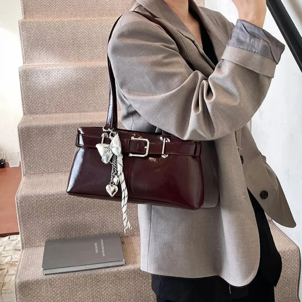 Solid Color PU Leather Underarm Bags for Women Fashion Belt Buckle Design Shoulder Bag 2025 New Y2K Ladies Handbags and Purses