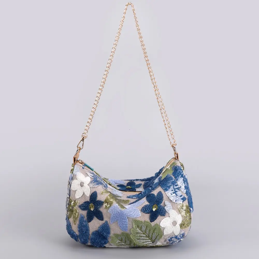 Cute Flower Embroidery Women Shoulder Bags Fashion Sequin Chains Crossbody Bag Summer Casual Beach Bag Hobos Handbag and Purse