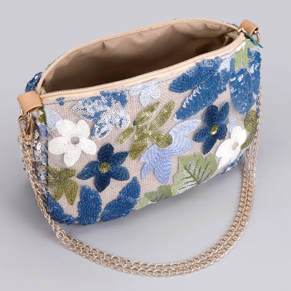 Cute Flower Embroidery Women Shoulder Bags Fashion Sequin Chains Crossbody Bag Summer Casual Beach Bag Hobos Handbag and Purse