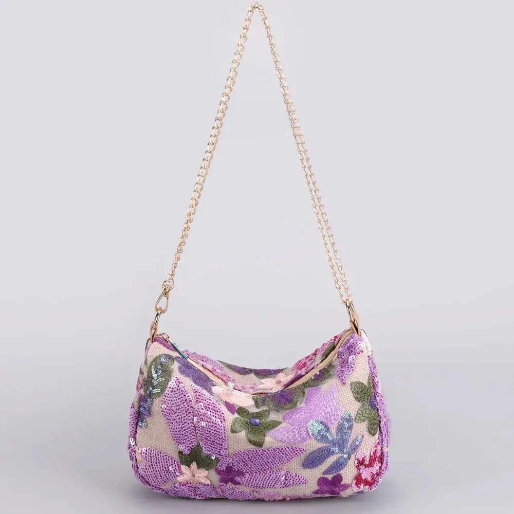 Cute Flower Embroidery Women Shoulder Bags Fashion Sequin Chains Crossbody Bag Summer Casual Beach Bag Hobos Handbag and Purse