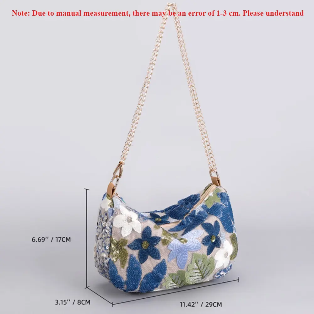 Cute Flower Embroidery Women Shoulder Bags Fashion Sequin Chains Crossbody Bag Summer Casual Beach Bag Hobos Handbag and Purse