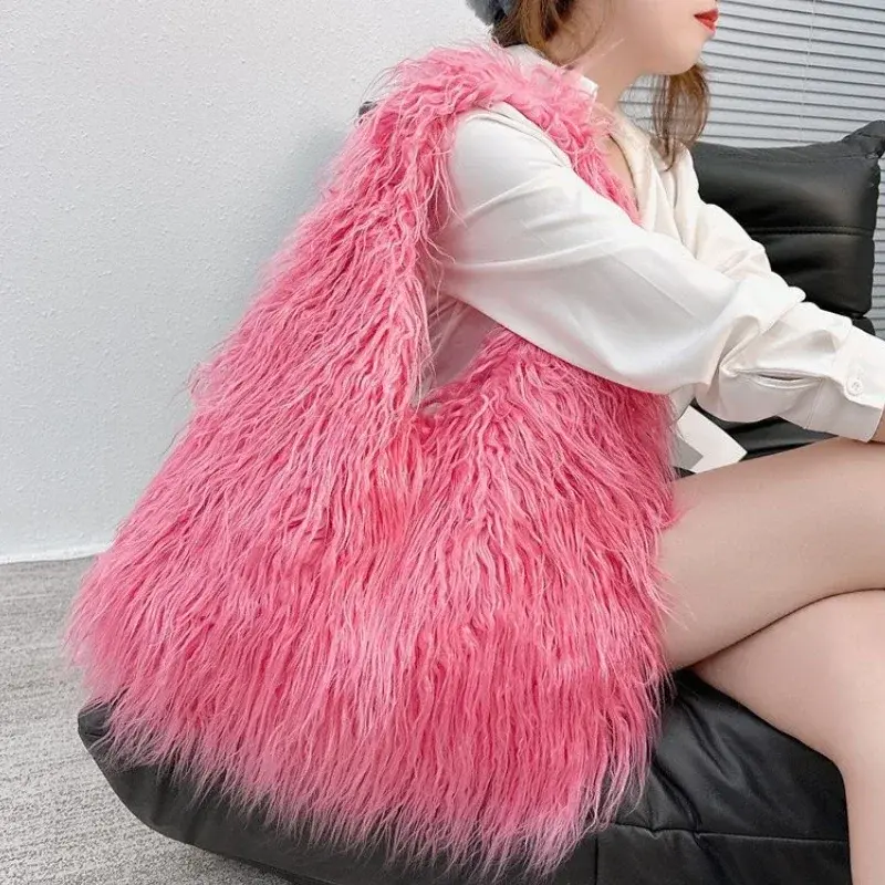2025 NEW Wool Women's Plush Shoulder Bags Y2k Hot Girls Faux Fur Drawstring Bucket Bag Fashion Female Furry Purse Tote Handbags