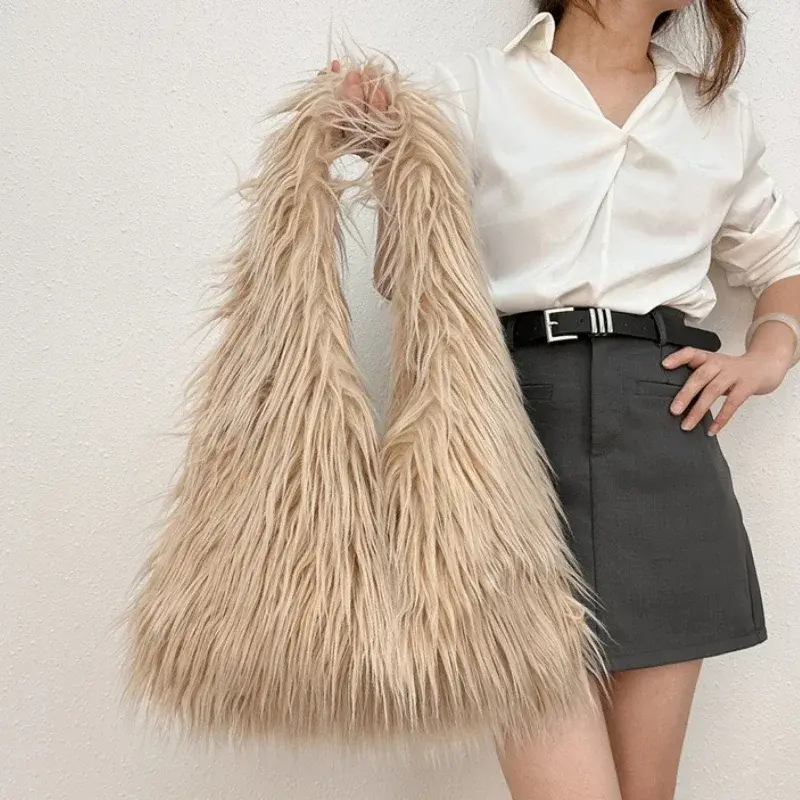 2025 NEW Wool Women's Plush Shoulder Bags Y2k Hot Girls Faux Fur Drawstring Bucket Bag Fashion Female Furry Purse Tote Handbags