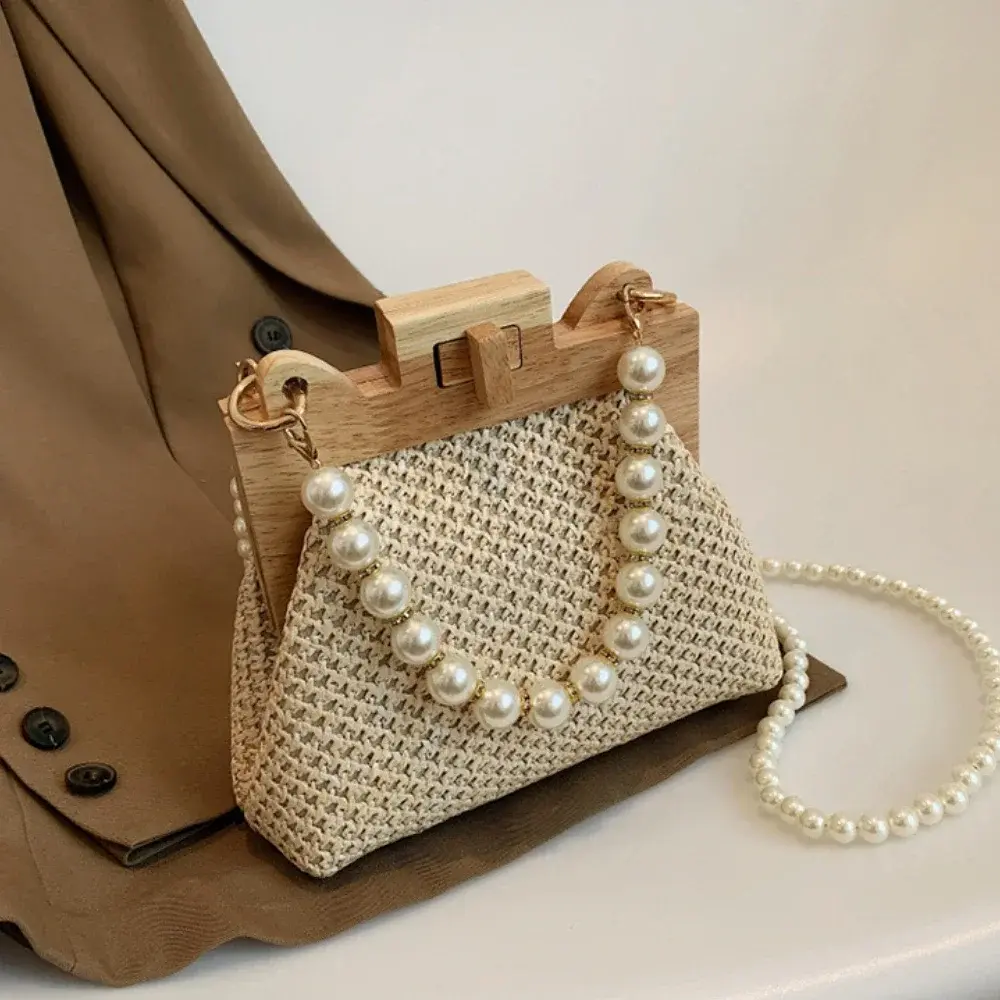 2025 Summer Wooden Rattan Shoulder Bag Brand Luxury Crossbody Bag Nice Pearl Chain Straw Bag Women Hand-Woven Handbags Purse