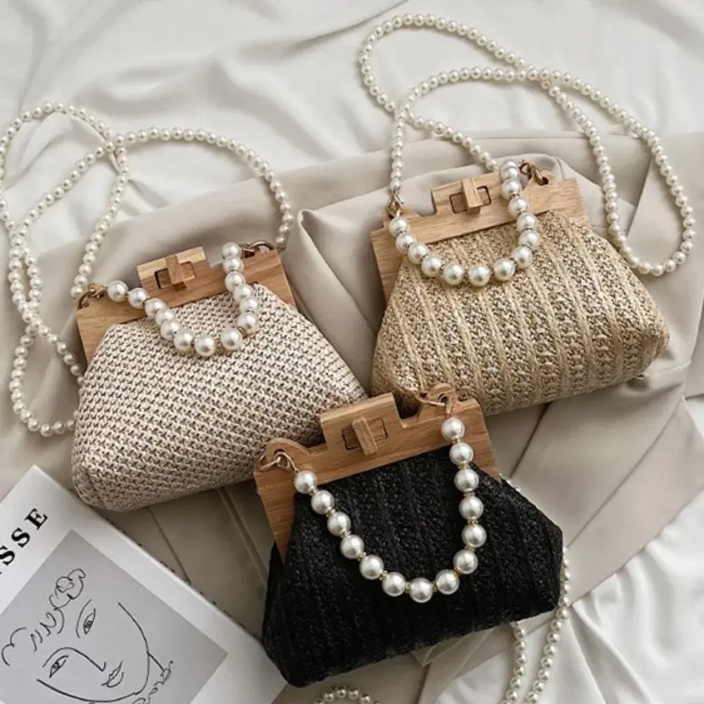 2025 Summer Wooden Rattan Shoulder Bag Brand Luxury Crossbody Bag Nice Pearl Chain Straw Bag Women Hand-Woven Handbags Purse