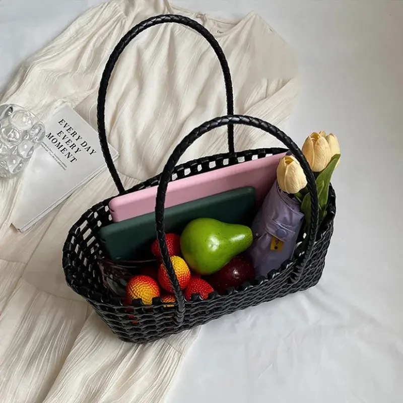 Small Solid Color Weave Tote Bags for Women 2025 Fashion Summer Shoulder Bags Simple Handbags Hollow Out Beach Bag Purse
