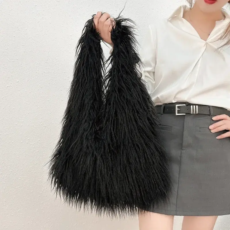 2025 NEW Wool Women's Plush Shoulder Bags Y2k Hot Girls Faux Fur Drawstring Bucket Bag Fashion Female Furry Purse Tote Handbags