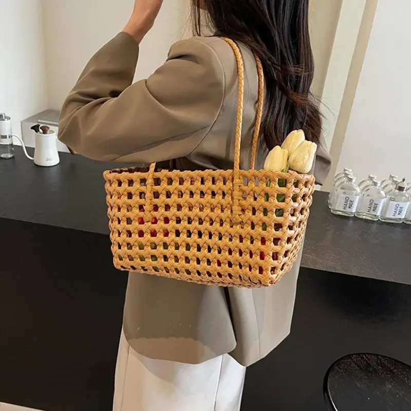 Small Solid Color Weave Tote Bags for Women 2025 Fashion Summer Shoulder Bags Simple Handbags Hollow Out Beach Bag Purse