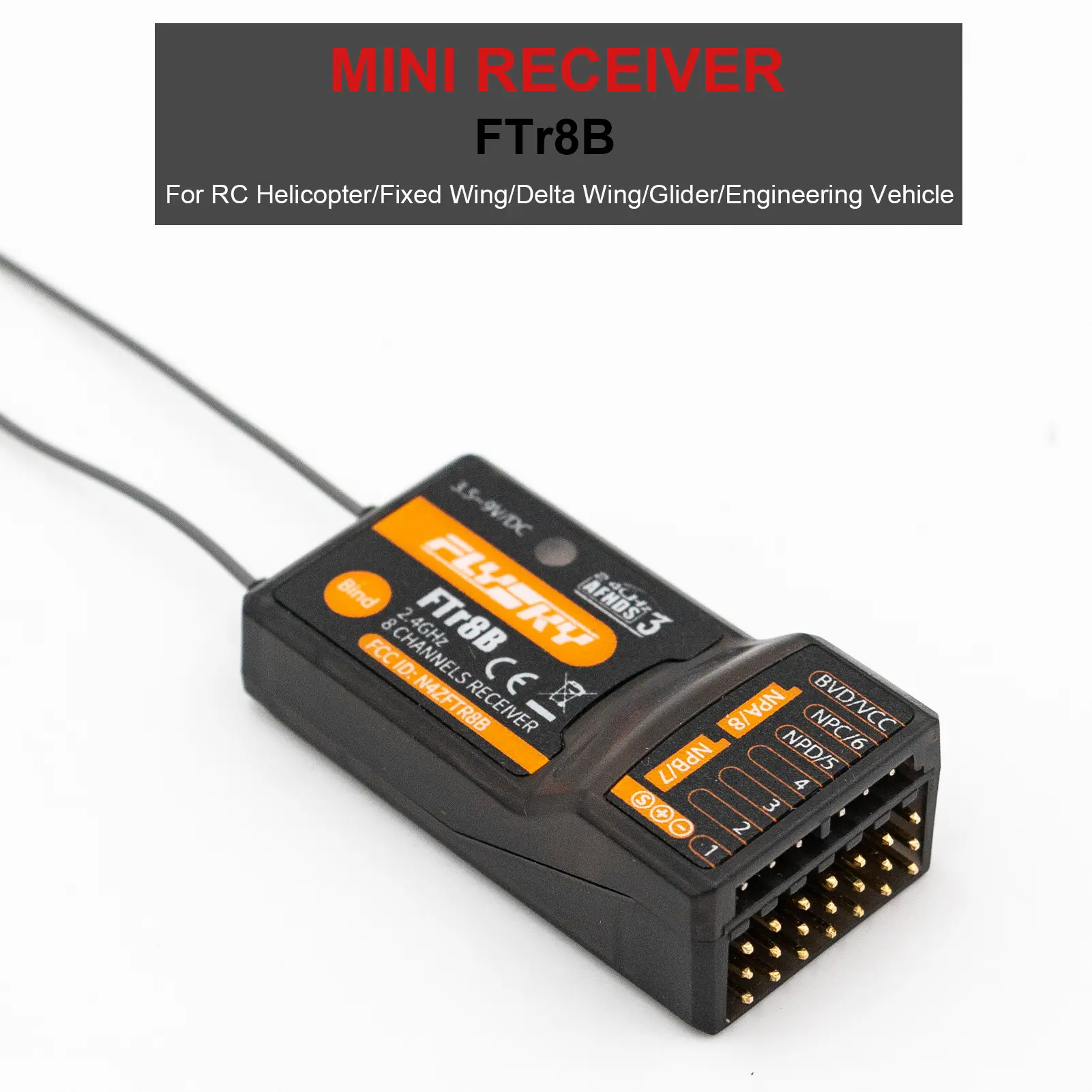 FlySky FTr8B 2.4GHz 8CH Receiver for RC Airplane Helicopter Fixed Wing Glider Vehicle Drone Dual Antenna for AFHDS3 Transmitters