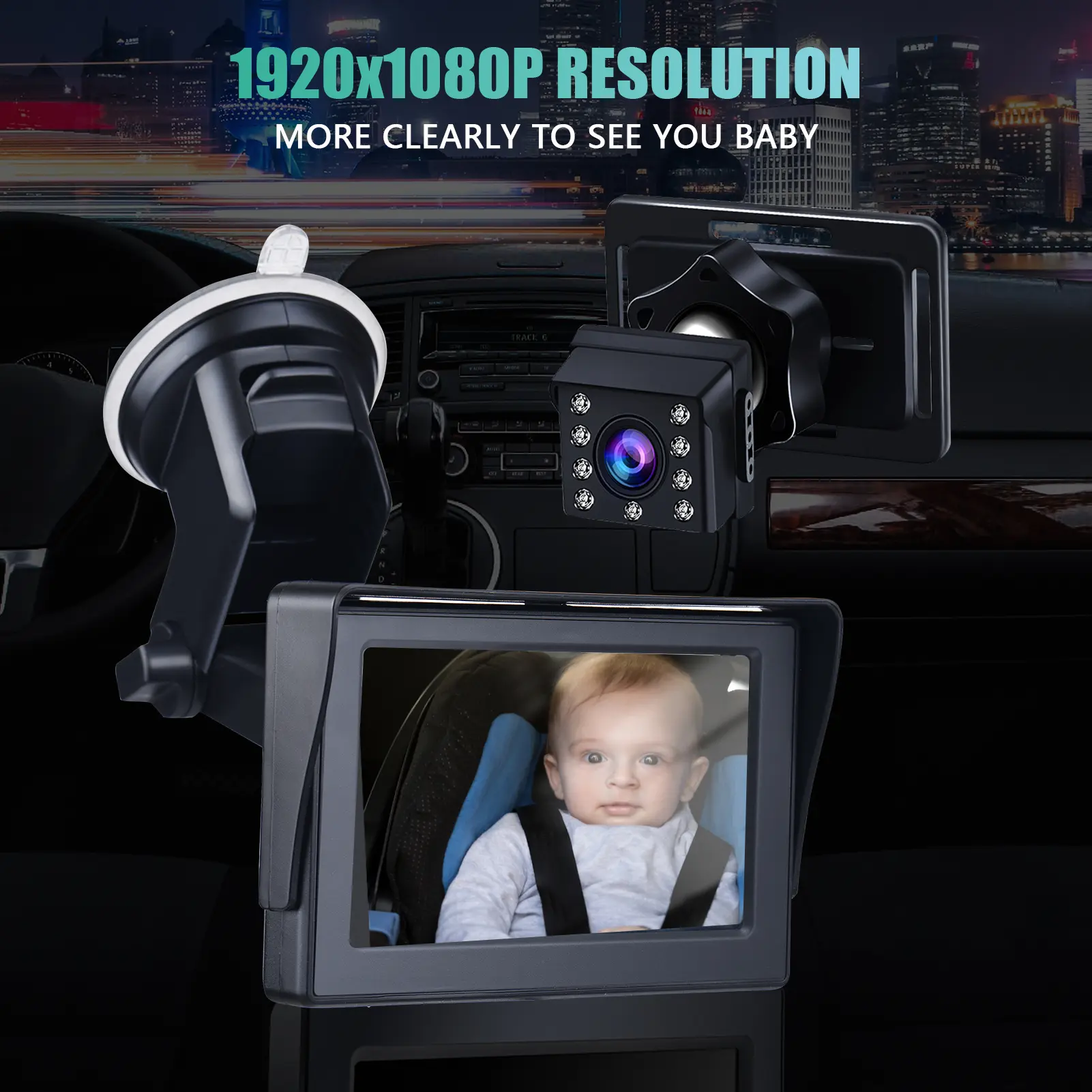 Baby Car Camera 1080P 4.3Inch Baby Car Cam Night Vision Safety Car Seat Monitored Mirror Adjustable Angle Length 5M Long Cable