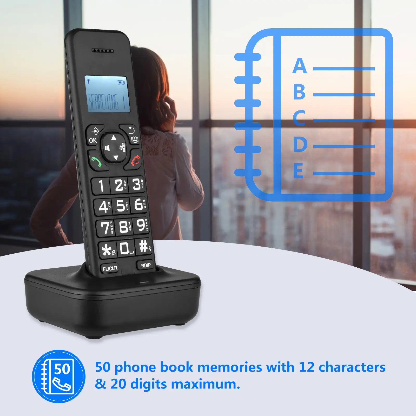 Cordless Phone Caller ID/Call Waiting 1.6 inch Backlight LCD 3 Lines Screen Display Rechargeable Batteries Support 16 Languages