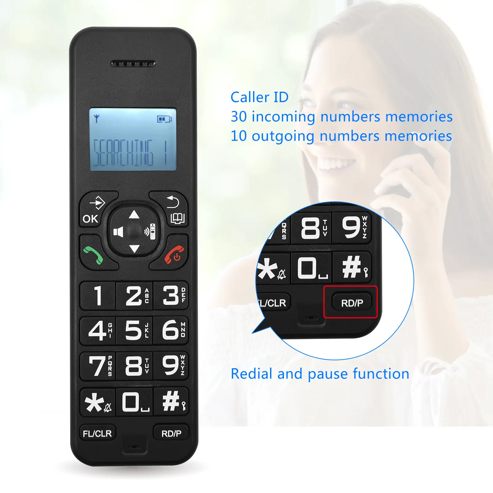 Cordless Phone Caller ID/Call Waiting 1.6 inch Backlight LCD 3 Lines Screen Display Rechargeable Batteries Support 16 Languages